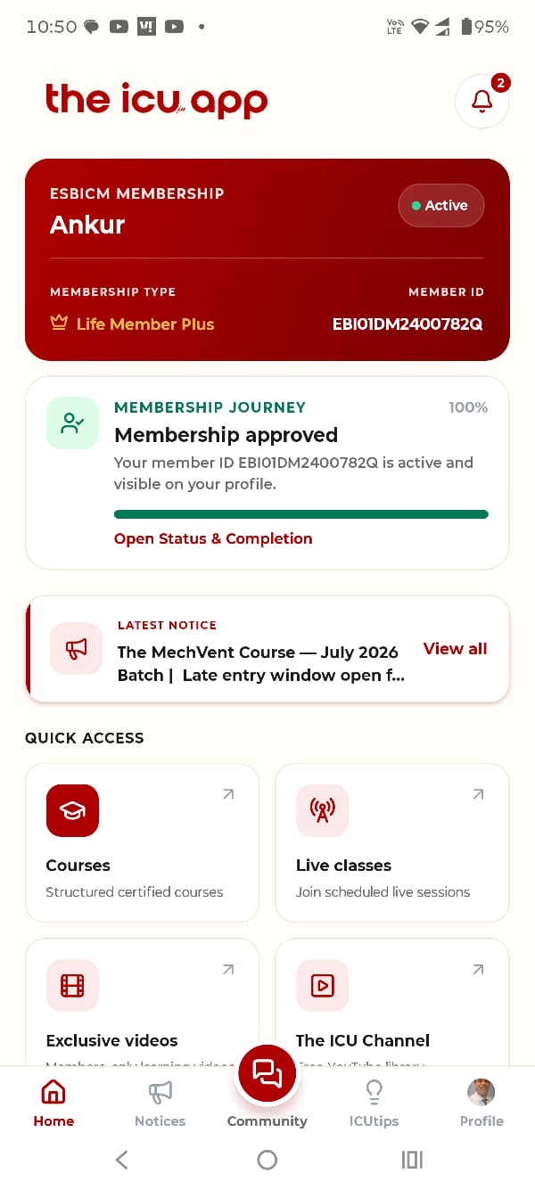 The ICU App on Android — member dashboard