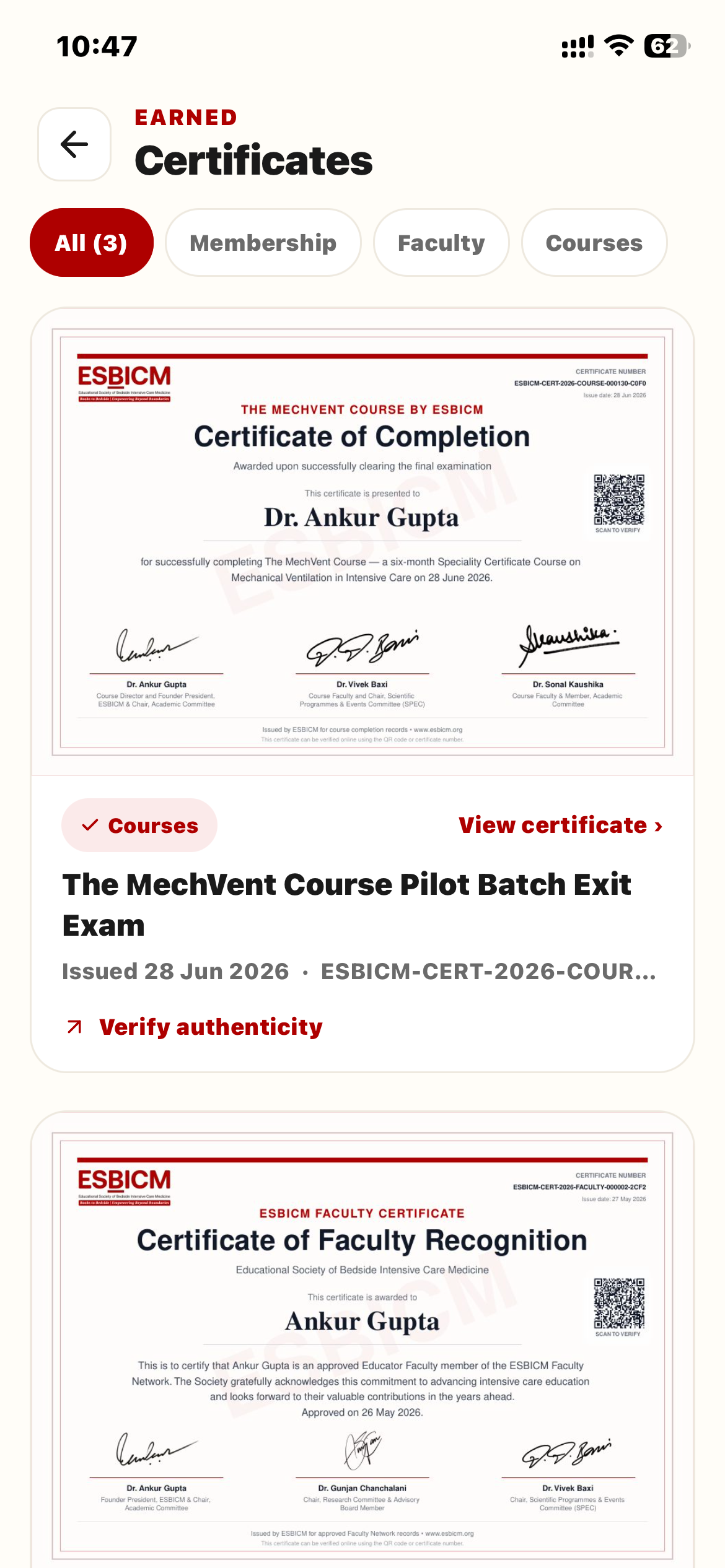 Certificates screen with a certificate of completion