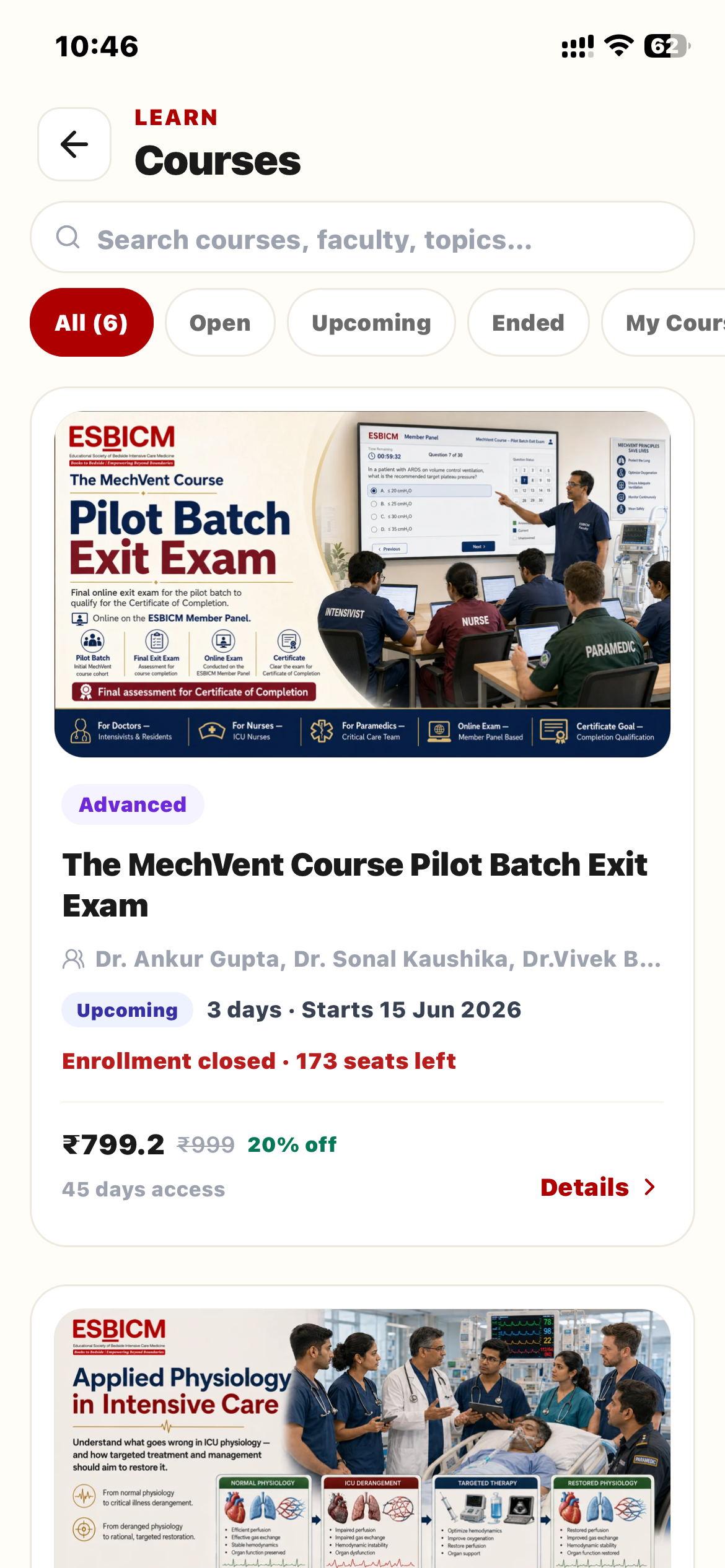 Courses screen showing the MechVent course