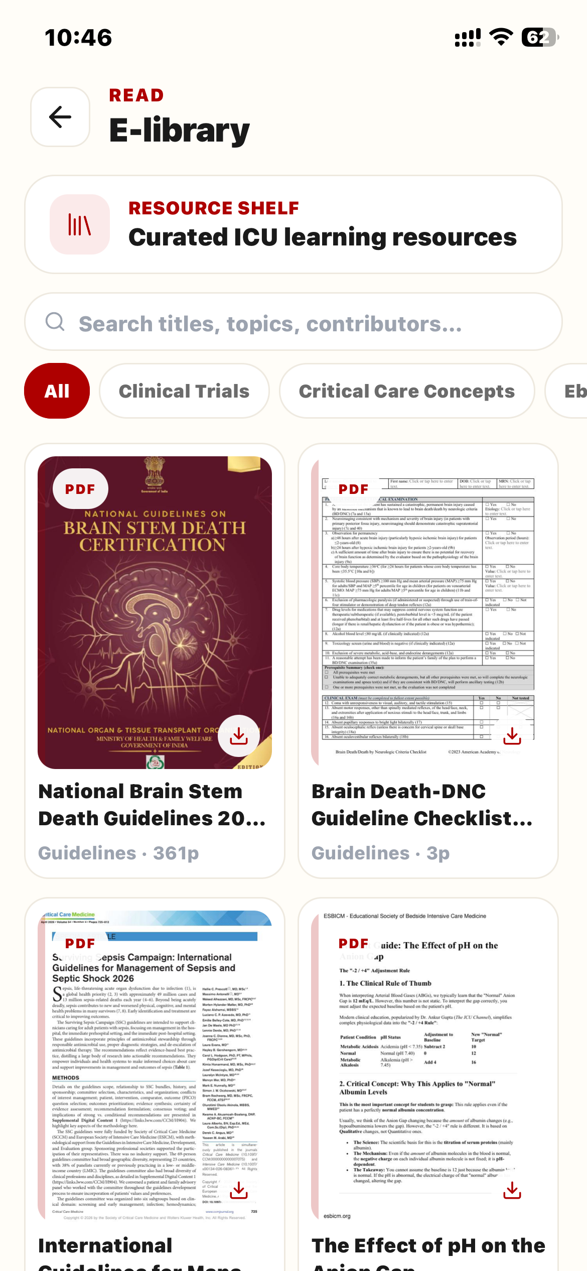 E-library screen with clinical guidelines