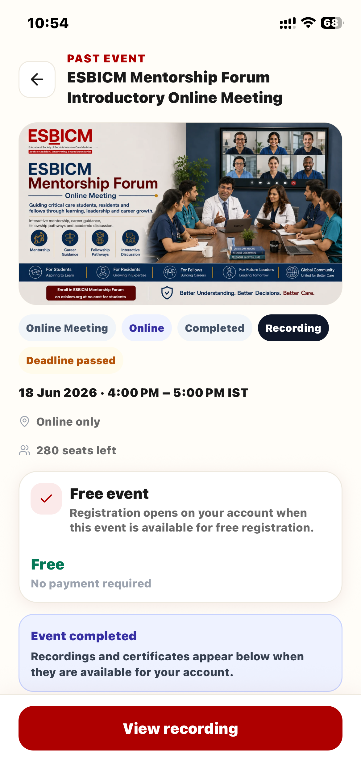 Events screen showing the ESBICM Mentorship Forum