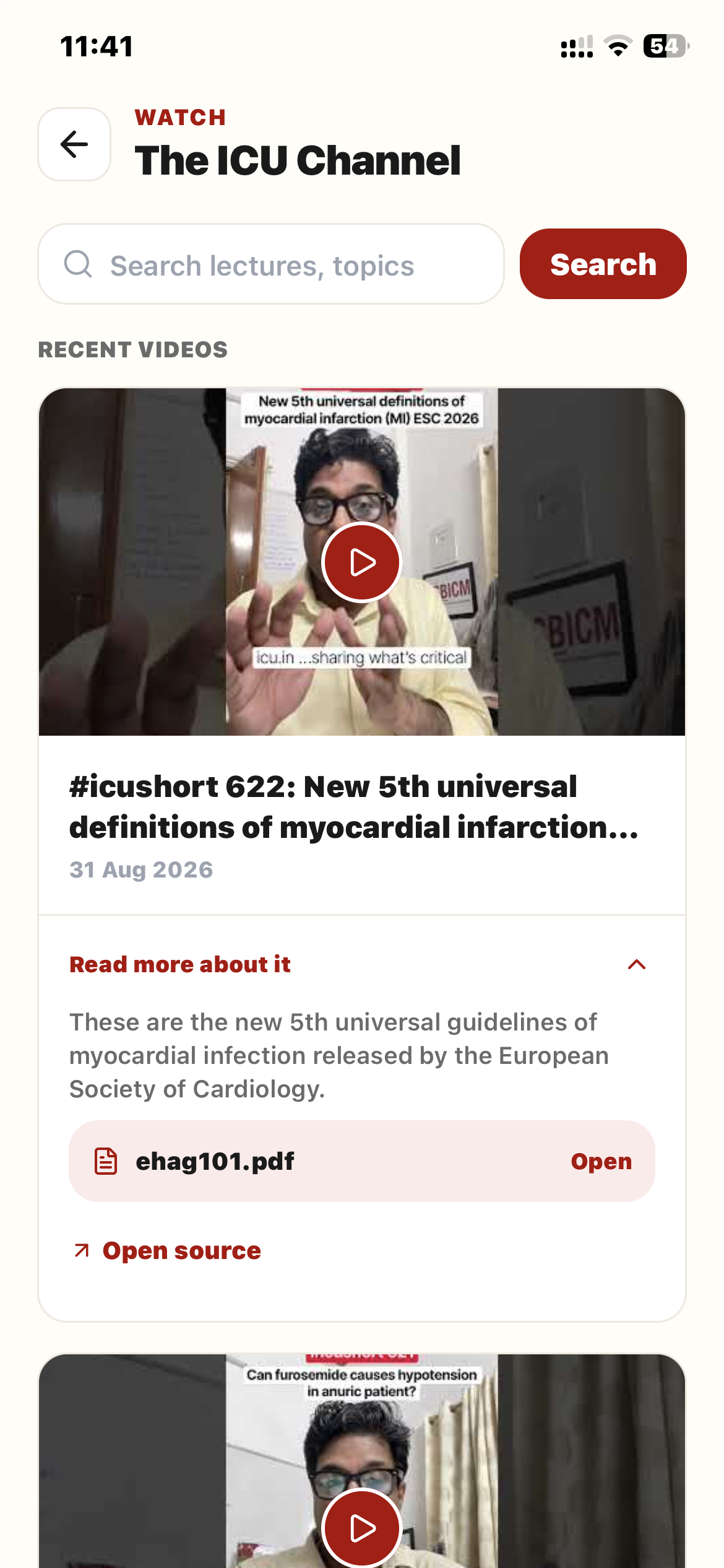 The ICU Channel screen inside the app