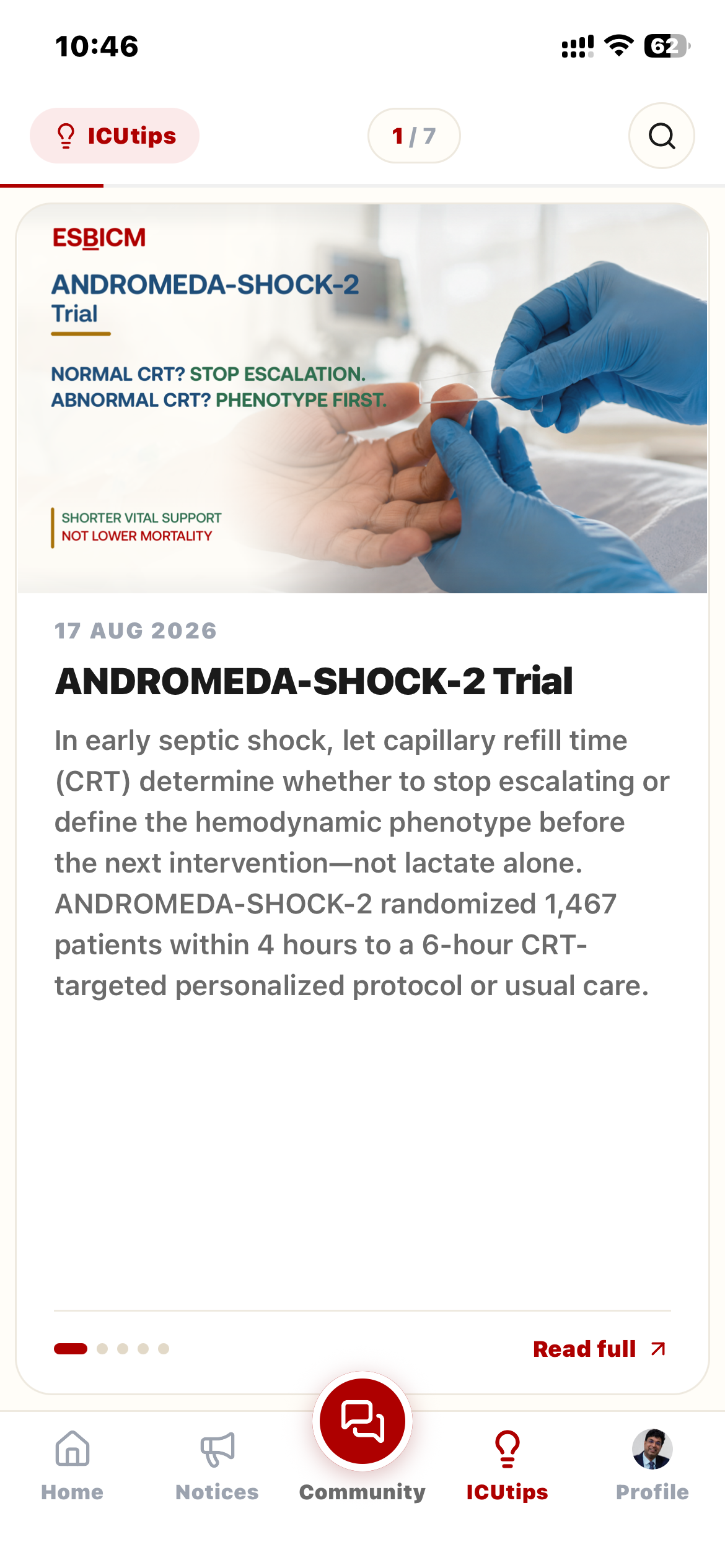 ICUtips feed showing a trial summary card