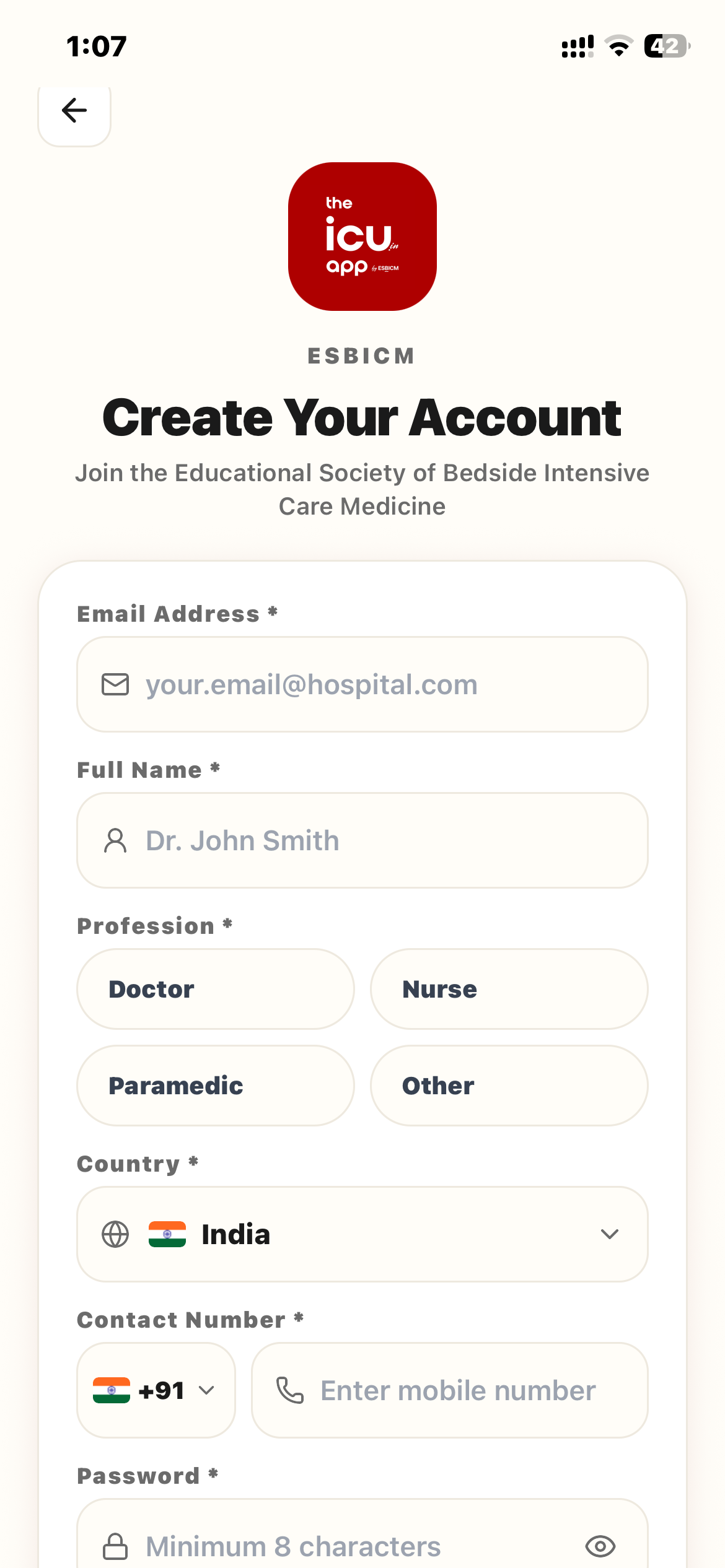 Create Your Account screen — join ESBICM from the app
