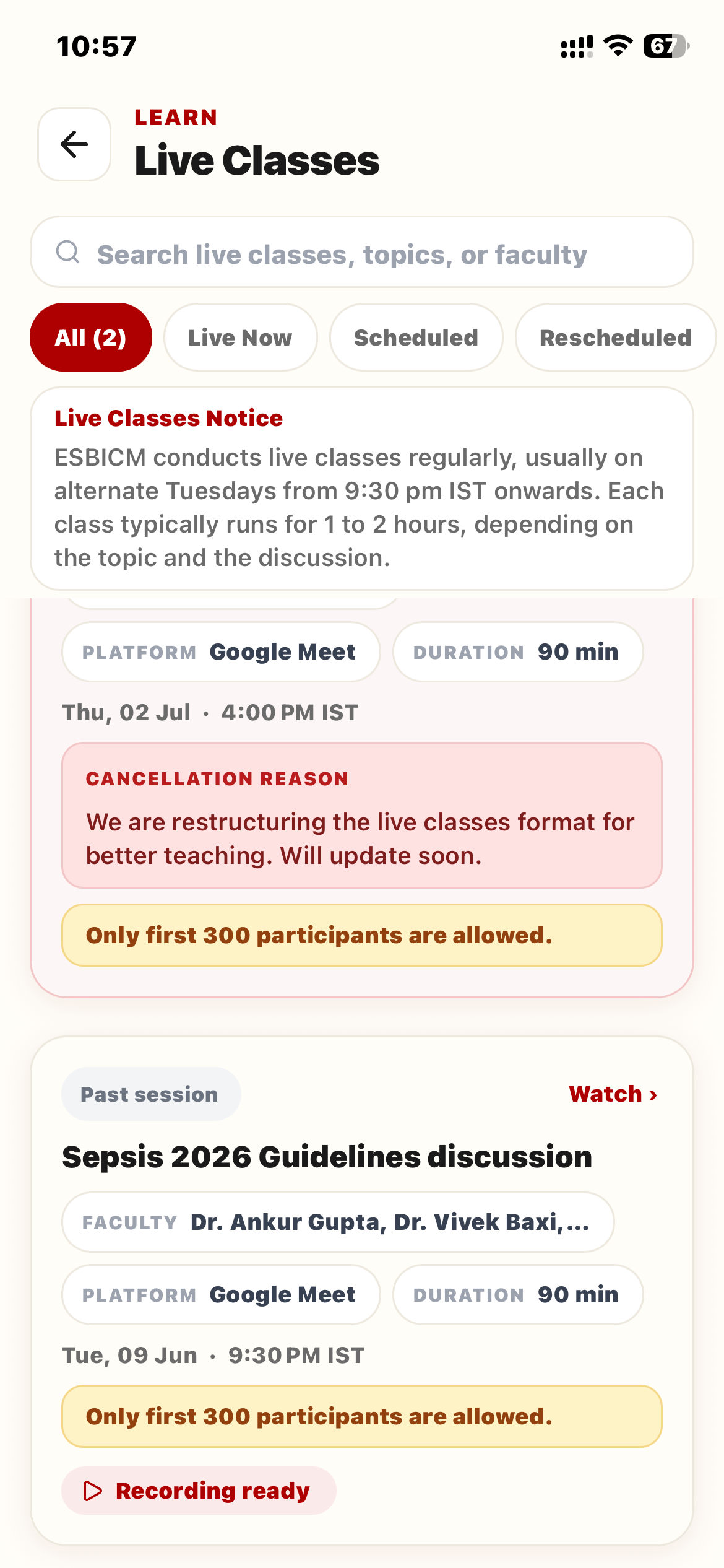 Live classes screen with scheduled sessions