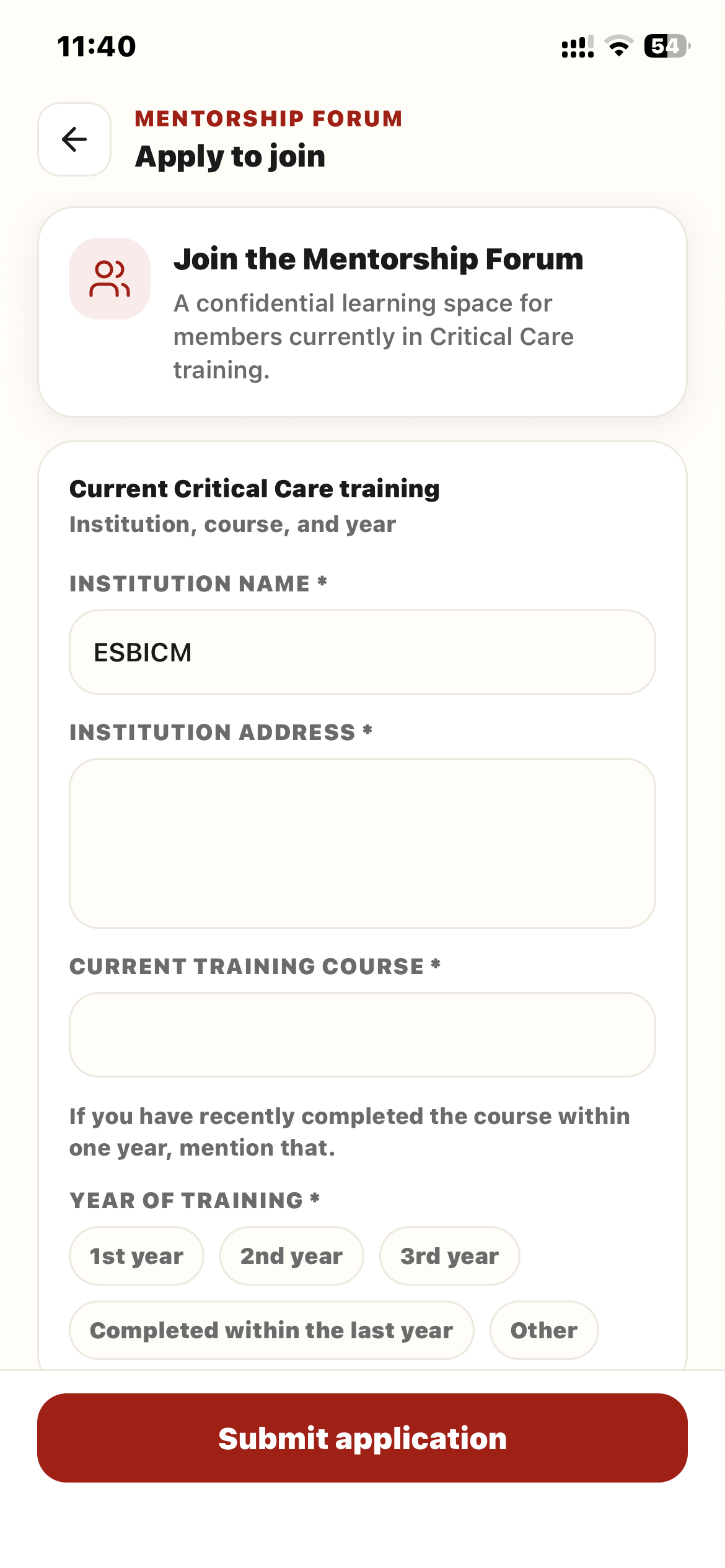 Mentorship Forum application screen