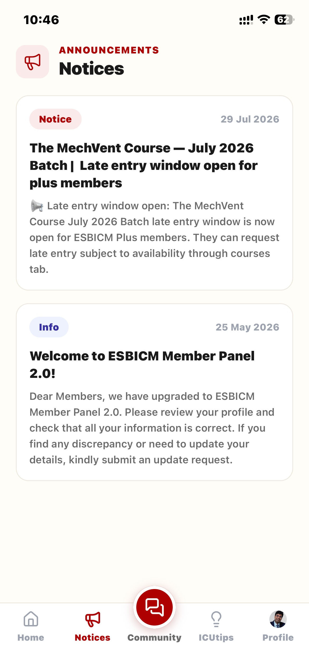 Notices screen with society announcements